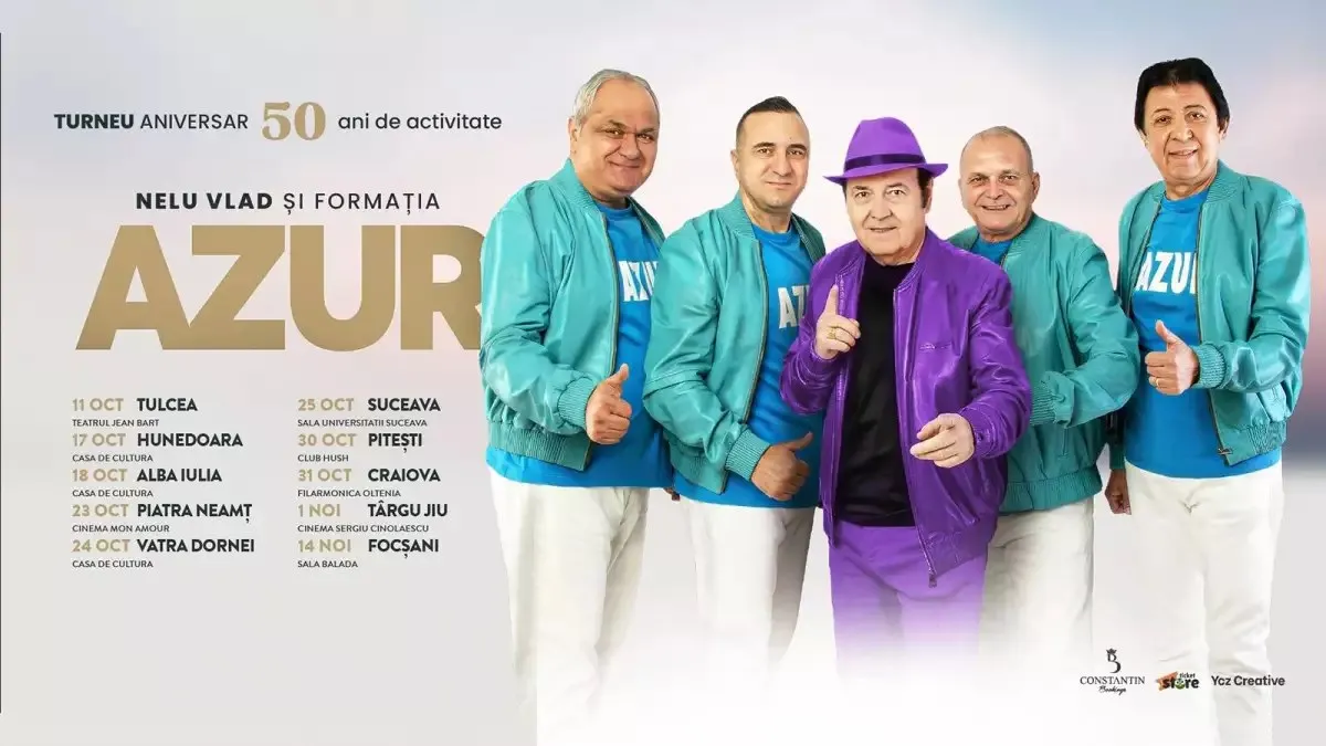 Cinci bărbați stau unul lângă altul pe un afiș cu fundal deschis; patru poartă jachete turcoaz, iar unul poartă costum mov și pălărie mov.