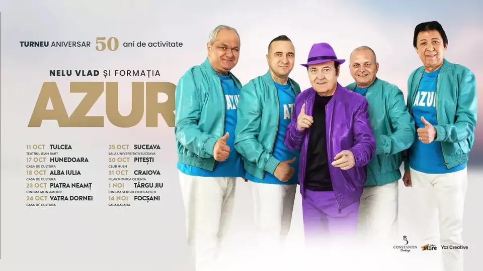 Cinci bărbați stau unul lângă altul pe un afiș cu fundal deschis; patru poartă jachete turcoaz, iar unul poartă costum mov și pălărie mov.
