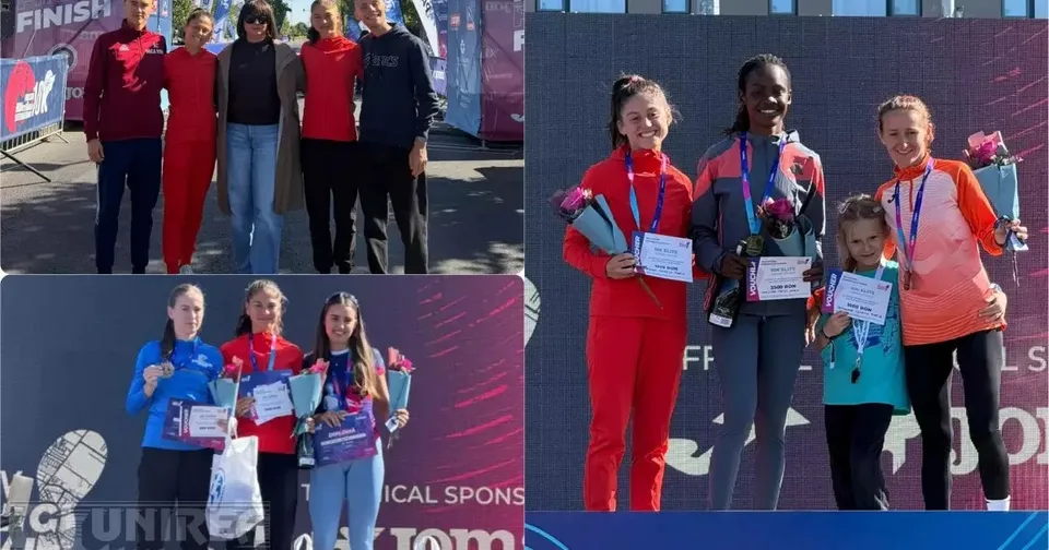 Colaj cu grupuri de femei în echipament sportiv; unele poartă medalii și țin diplome, iar în fundal apare un panou cu textul «FINISH».