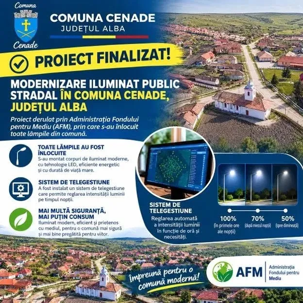 Un afiș albastru și galben conține texte, pictograme, fotografii aeriene ale unei localități și imagini cu stâlpi de iluminat aprinși.