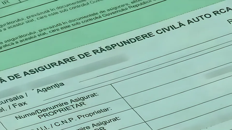 Un formular verde pal, fotografiat oblic, conține rubrici și text tipărit despre asigurarea auto RCA.