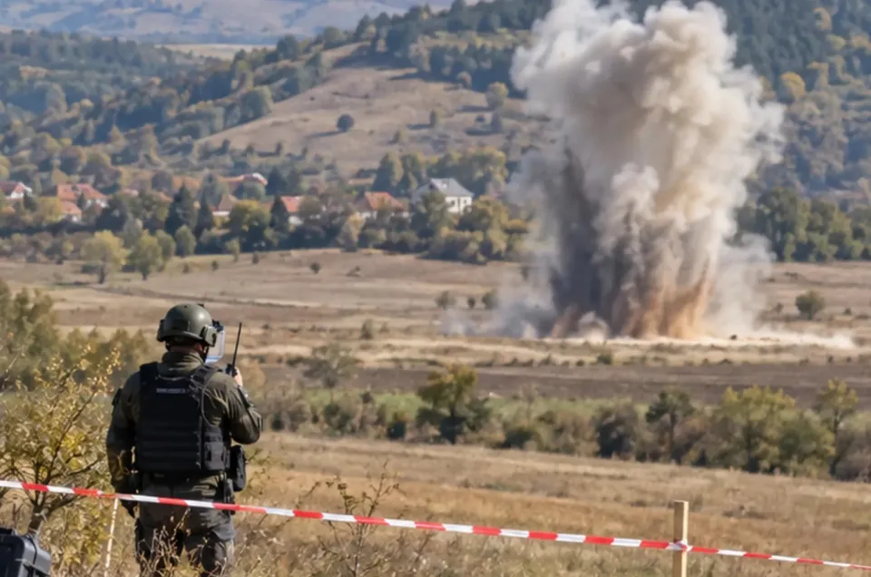 O persoană cu cască și vestă închisă la culoare stă lângă o bandă alb-roșie, iar în depărtare se ridică un nor dens de fum.