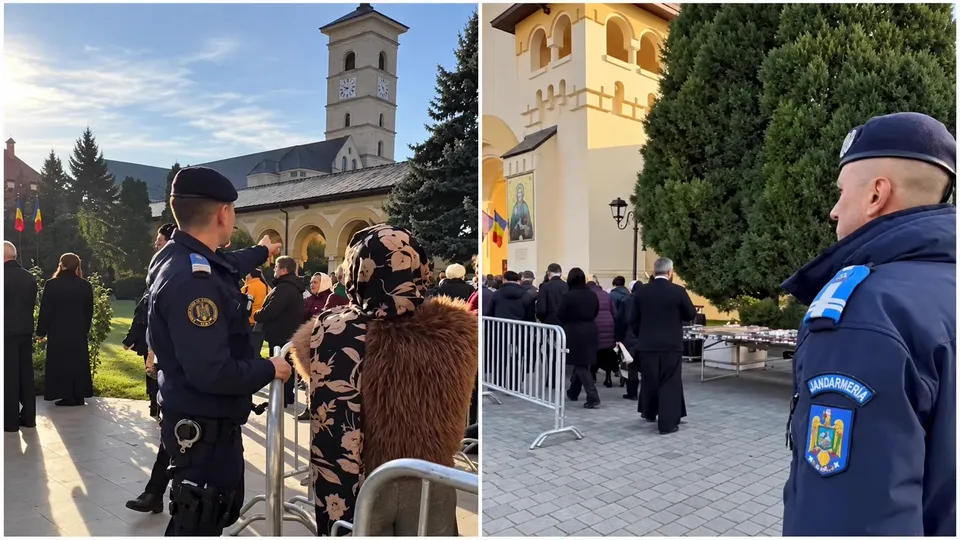 Două cadre alăturate arată persoane lângă garduri metalice și o clădire cu turn; în prim-plan apar doi bărbați în uniforme bleumarin.