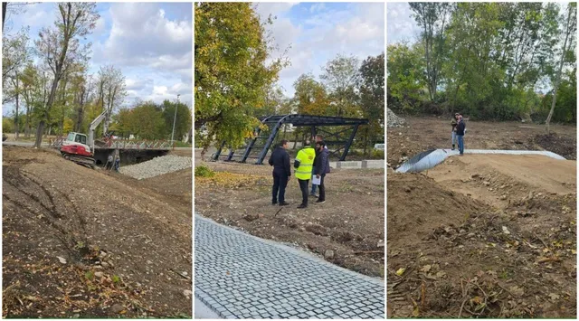 Trei imagini alăturate arată teren cu pământ răscolit, arbori, o alee pavată, utilaje și câteva persoane, una purtând o vestă galbenă.