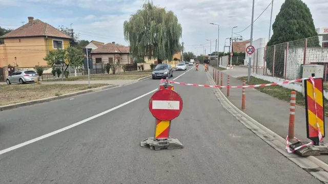 Pe carosabil se află un indicator roșu cu bandă albă, balize și bandă de delimitare; în fundal se văd mașini, case și copaci.