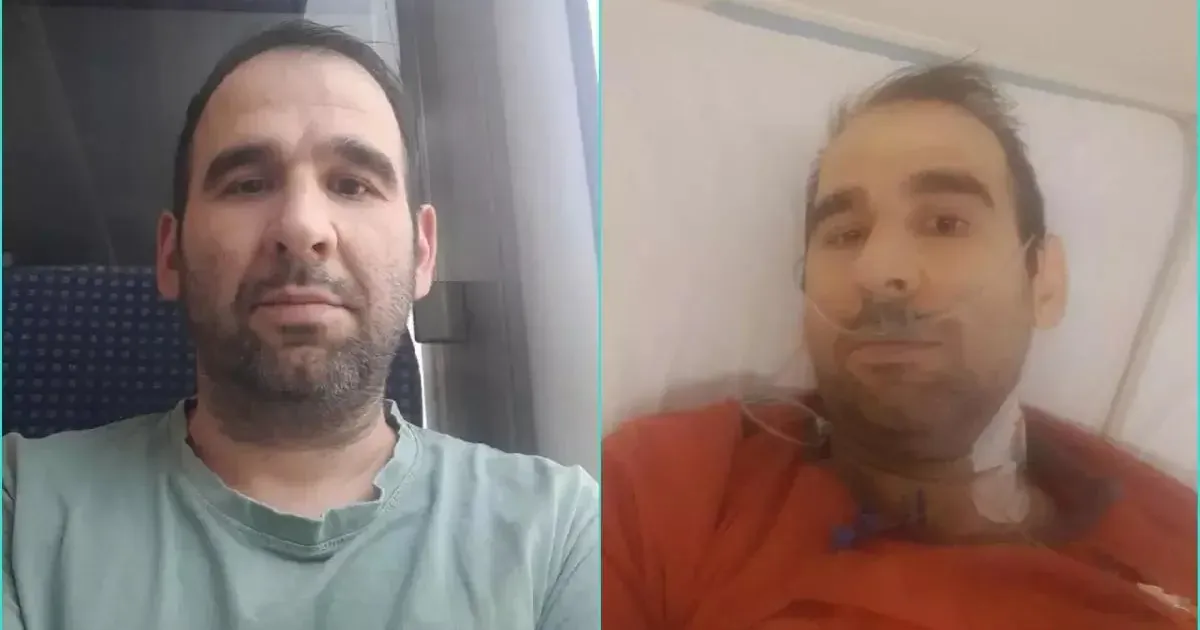 Două fotografii alăturate arată un bărbat cu păr scurt și barbă, îmbrăcat într-un tricou verde în stânga și într-o bluză roșie în dreapta.
