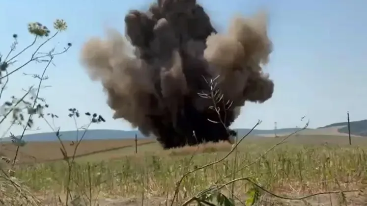 Un nor dens de fum negru și cenușiu se ridică dintr-un câmp, în spatele vegetației și al unui gard de sârmă.