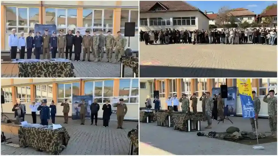 Colajul arată grupuri de persoane în uniforme și haine civile lângă o clădire cu ferestre mari, mese acoperite și echipamente așezate pe jos.