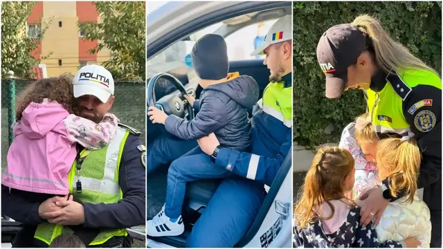 Trei cadre alăturate arată polițiști în uniforme lângă copii; într-un cadru, un copil stă pe scaunul unui vehicul.