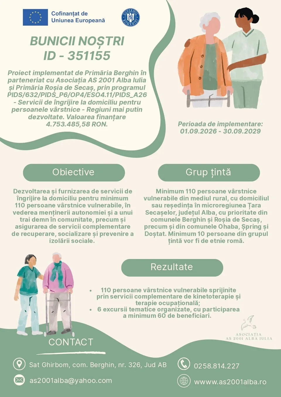 Un afiș bej și verde conține blocuri de text, pictograme și ilustrații cu patru persoane, una lângă un cadru de mers.