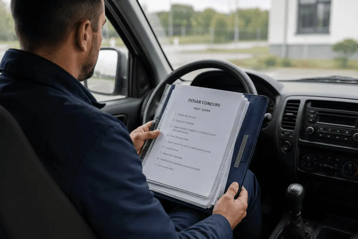 Un bărbat așezat la volan ține un dosar deschis, cu foi tipărite, în interiorul unui autovehicul.