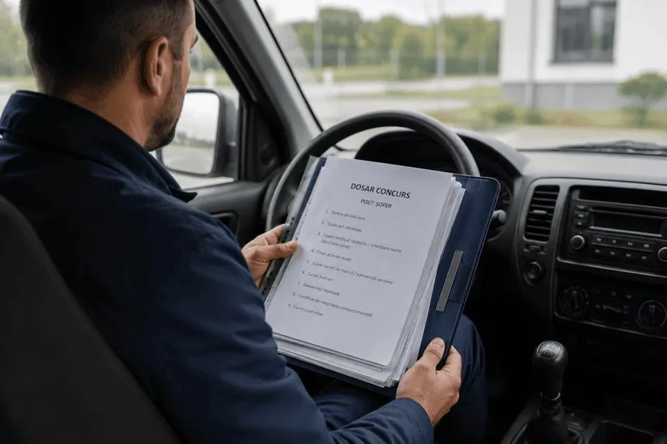 Un bărbat așezat la volan ține un dosar deschis, cu foi tipărite, în interiorul unui autovehicul.